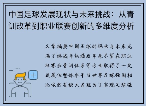 中国足球发展现状与未来挑战：从青训改革到职业联赛创新的多维度分析