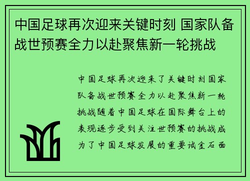 中国足球再次迎来关键时刻 国家队备战世预赛全力以赴聚焦新一轮挑战
