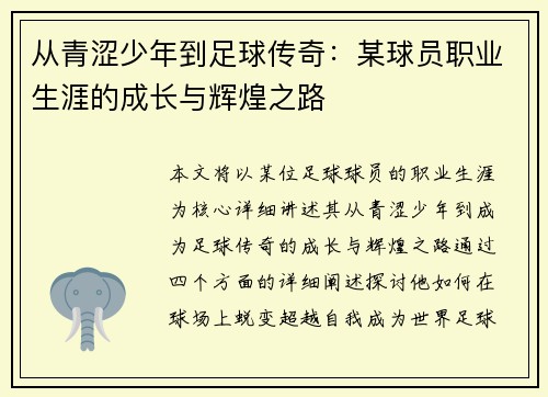 从青涩少年到足球传奇：某球员职业生涯的成长与辉煌之路