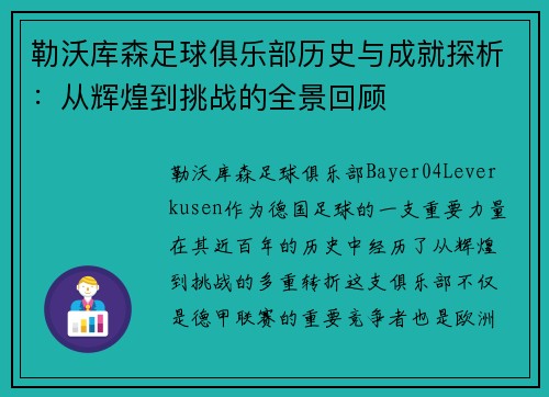 勒沃库森足球俱乐部历史与成就探析：从辉煌到挑战的全景回顾
