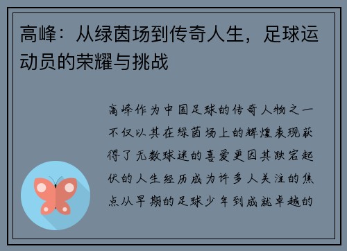 高峰：从绿茵场到传奇人生，足球运动员的荣耀与挑战